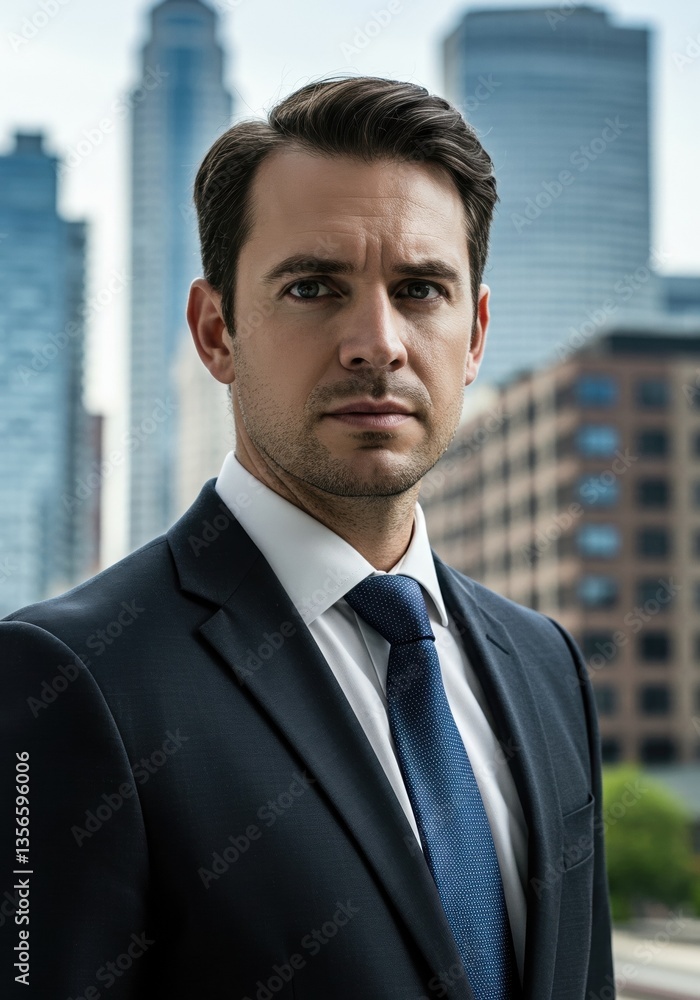 Fototapeta premium Professional Businessman in Suit Standing with Cityscape Background, Ideal for Corporate Profile or Business Presentation Uses