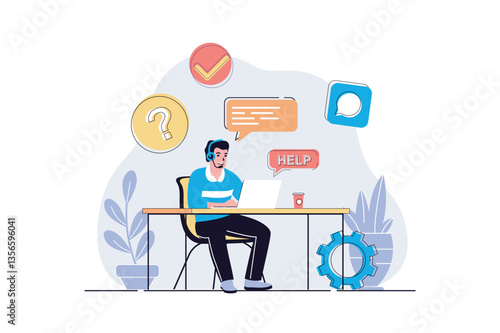 Customer service web concept with cartoon people design. Call center operator answering questions, hotline consultant talking with clients. Flat vector illustration isolated on white background.
