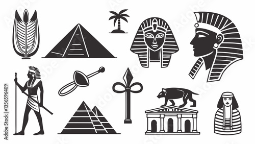 AI generated vector icons featuring ancient Egypt symbols, including pyramids, hieroglyphs, pharaohs, and the Sphinx.