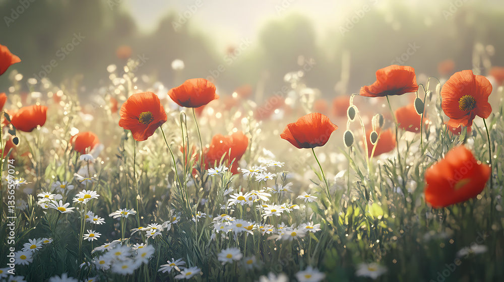 Fototapeta premium Crimson Poppies in Sunlight: A field of vibrant red poppies and delicate daisies flourishes under the soft, warm glow of the sun, evoking a sense of natural beauty and tranquility.