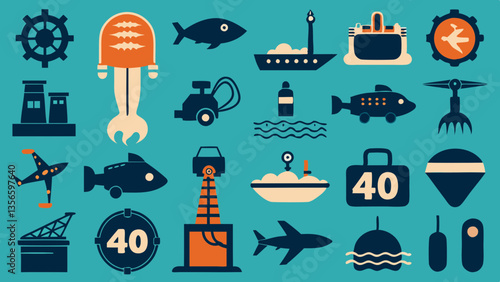AI generated deep-sea exploration icons featuring submarines, drones, and ocean technology for underwater research and marine science.