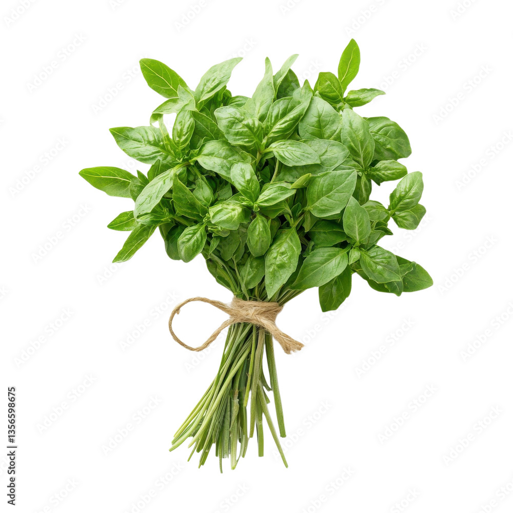 Freshly harvested basil leaves tied with twine showcasing vibrant green color and natural texture in a culinary setting on transparent background Freshly harvested basil leaves tied with twine showcasing vibrant green color and natural texture in a culinary setting on transparent background