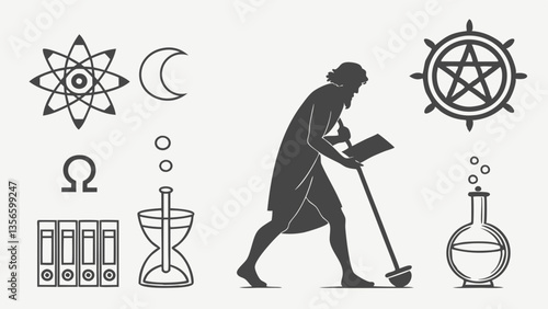 AI generated flat icons silhouettes of ancient alchemy tools, transmutation circles, and runes for mystical science themes