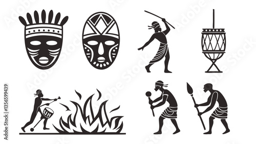 AI generated flat icons silhouettes of ancient festivals featuring masks, rituals, and bonfires for cultural heritage themes