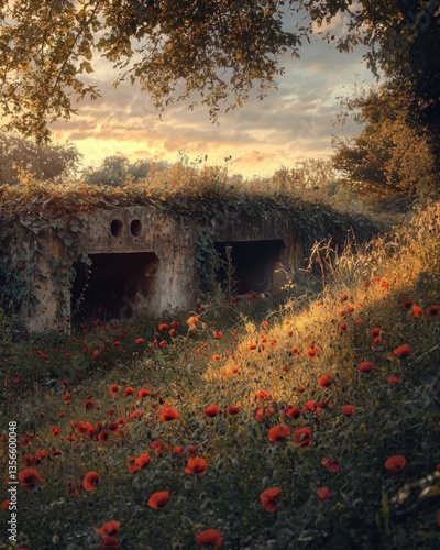 A war-torn field where crumbling bunkers and rusted artillery are slowly embraced by nature. Overgrown vines and a carpet of wildflowers cover the remnants