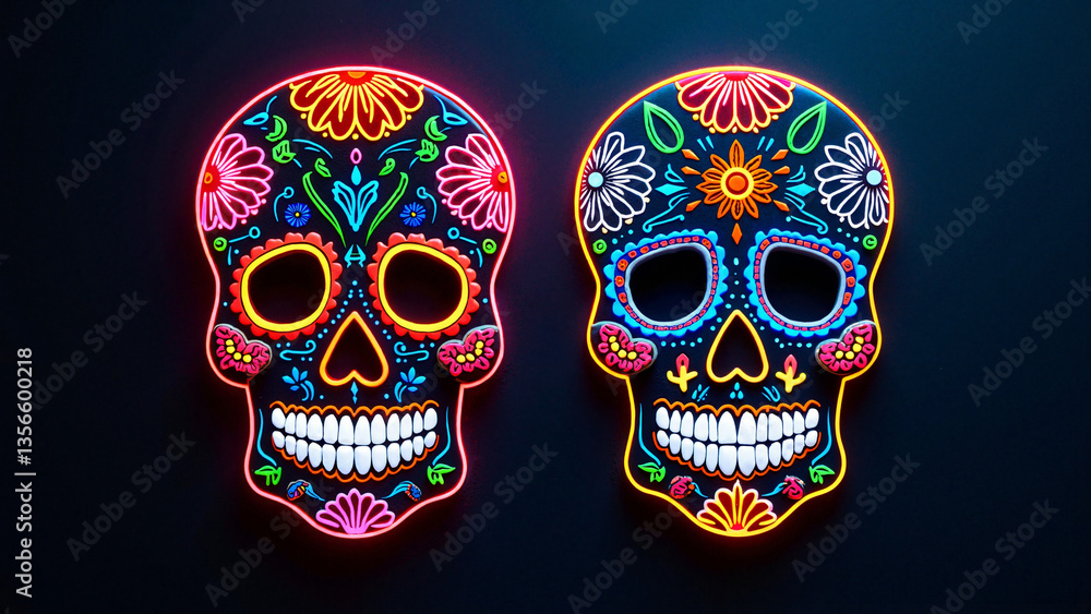 Vivid Neon Calaveras Isolated on Transparent Background for Day of the Dead Celebrations and Marketing Materials Vivid Neon Calaveras Isolated on Transparent Background for Day of the Dead Celebrations and Marketing Materials