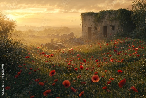 A war-torn field where crumbling bunkers and rusted artillery are slowly embraced by nature. Overgrown vines and a carpet of wildflowers cover the remnants