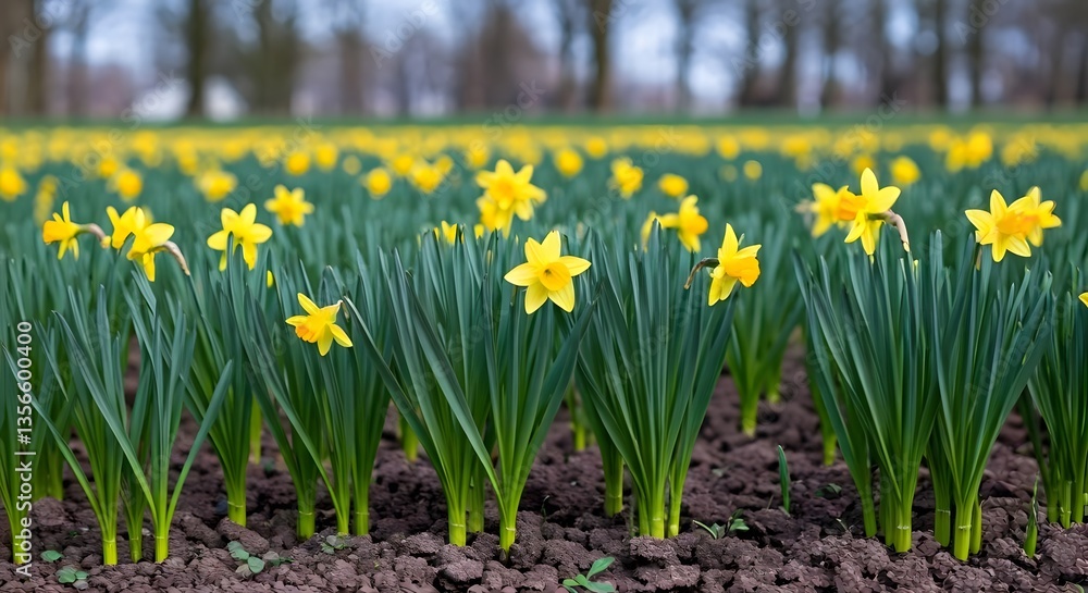 Fototapeta premium A field of daffodils sprouting from deep brown soil, surrounded by a peaceful countryside setting, Ai Generated