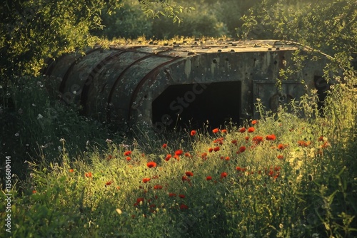 A war-torn field where crumbling bunkers and rusted artillery are slowly embraced by nature. Overgrown vines and a carpet of wildflowers cover the remnants