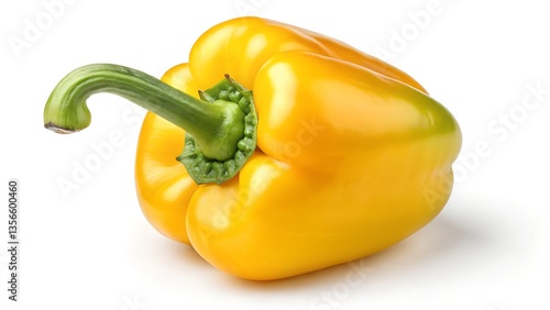 A vibrant, fresh yellow bell pepper placed on a clean white background, showcasing its smooth, glossy texture and healthy green stem — perfect for culinary presentations, healthy food blogs, and cooki