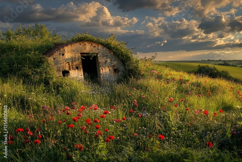 A war-torn field where crumbling bunkers and rusted artillery are slowly embraced by nature. Overgrown vines and a carpet of wildflowers cover the remnants