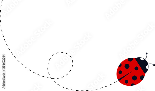 Cartoon ladybug icon set. Ladybugs flying on dotted route. Cute ladybug characters collection. Ladybug with dotted path. Ladybugs flying on dotted route. Vector illustration isolated on white.