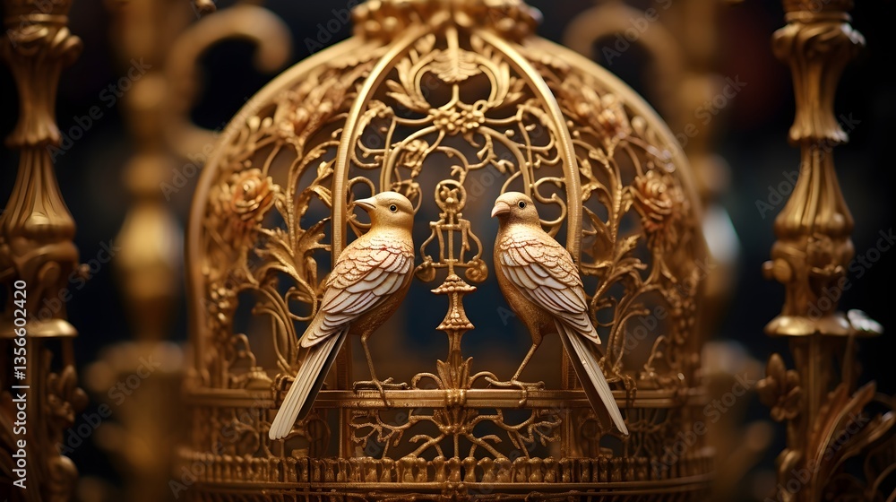 Fototapeta premium A close-up view of a decorative birdcage housing a pair of lovebirds,