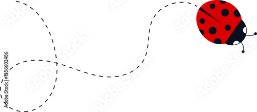 Cartoon ladybug icon set. Ladybugs flying on dotted route. Cute ladybug characters collection. Ladybug with dotted path. Ladybugs flying on dotted route. Vector illustration isolated on white.