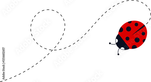 Cartoon ladybug icon set. Ladybugs flying on dotted route. Cute ladybug characters collection. Ladybug with dotted path. Ladybugs flying on dotted route. Vector illustration isolated on white.