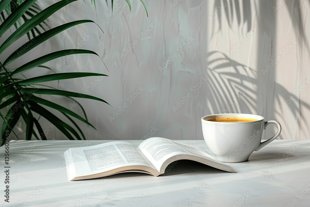 Open Magazine Mockup with a Cup of Coffee and a Notebook on the Beige Table Open Magazine Mockup with a Cup of Coffee and a Notebook on the Beige Table