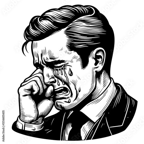man in a suit, crying with an intense and emotional facial expression, symbolizing sadness and vulnerability sketch engraving generative ai PNG illustration. Scratch board. Black and white image.