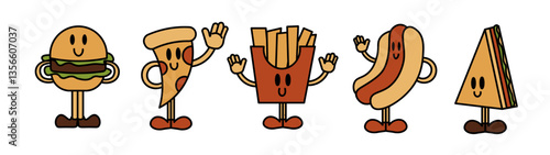 Cartoon fast food characters: burger, pizza, fries, hotdog, sandwich - vector.