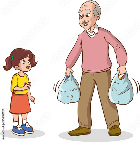 Cute little kid wants to help his grandfather carry the grocery bag