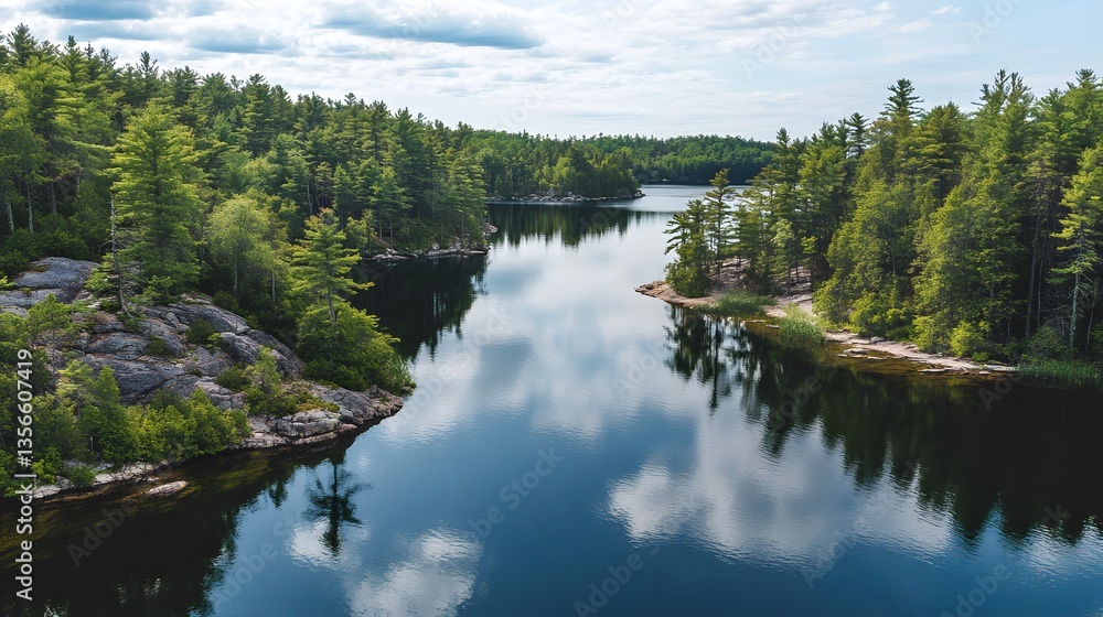 Fototapeta premium A calm, mirror-like lake nestled among dense woods with surreal, reflective water surfaces. 