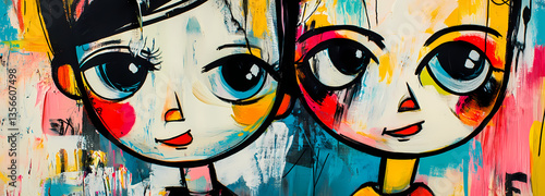 Wallpaper Mural Colorful Companion: A striking artistic representation features two stylized children, their expressive faces brought to life with vivid hues. Torontodigital.ca
