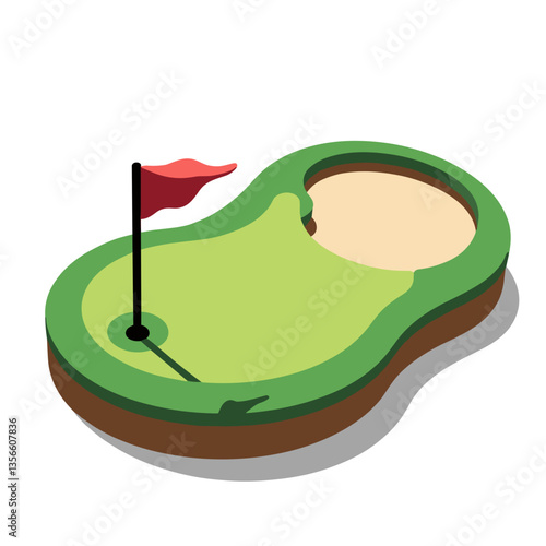 Isometric view of a golf hole with a flag on a putting green 
