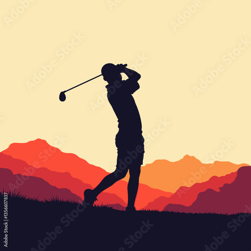 Silhouette of a golfer swinging a club against a colorful mountain sunset