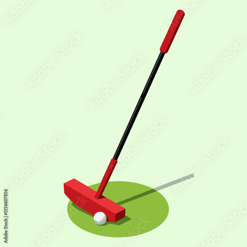 Isometric view of a red golf putter with a ball on a green surface