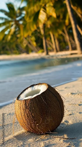 Wallpaper Mural Coconut rests on sandy beach with palm trees and ocean waves in background during golden hour Torontodigital.ca