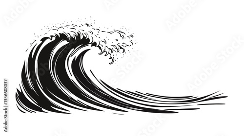 Sea wave black silhouette clip art, depicting the dynamic and fluid motion of ocean waves in a minimalist style. This sleek and bold design captures the natural power of the sea, 