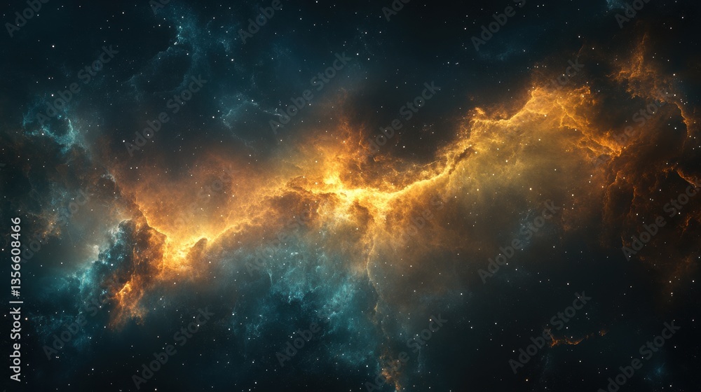 Fototapeta premium Ethereal cosmic nebula in vibrant orange and teal hues against a dark star studded background creating a sense of wonder and celestial beauty