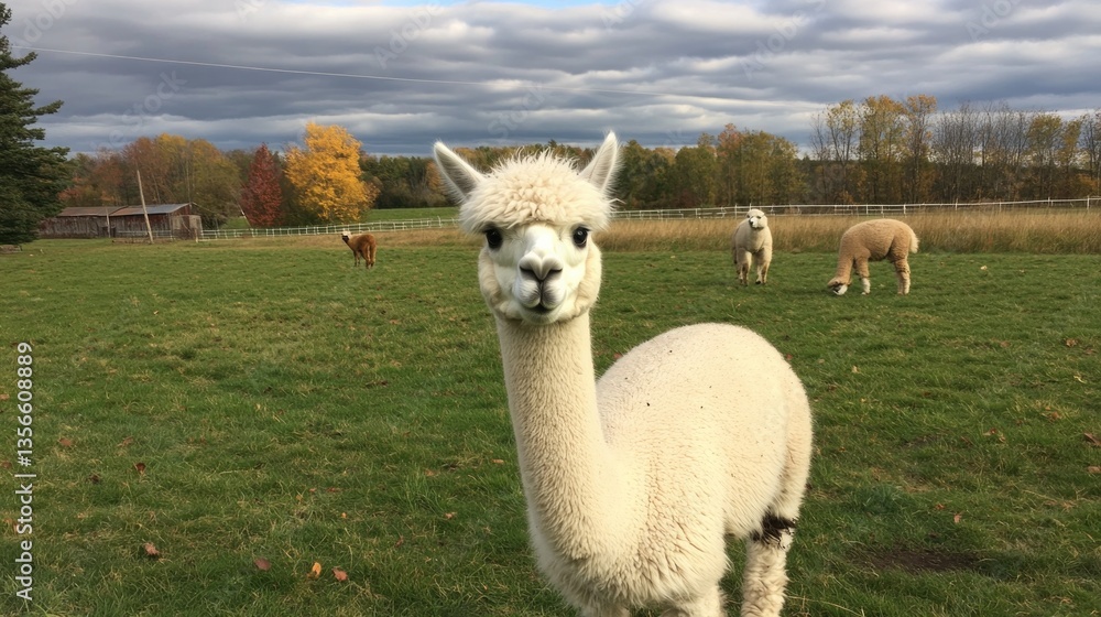 Obraz premium Fluffy alpaca gazing curiously, surrounded by lush green pasture