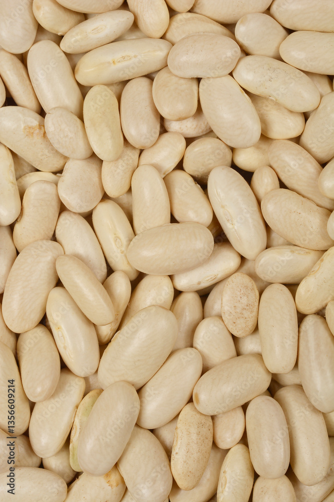 A close-up, top-down shot of a dense pile of white kidney beans A close-up, top-down shot of a dense pile of white kidney beans