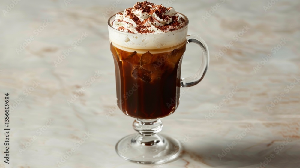 Iced coffee drink with whipped cream and cocoa topping in a glass mug. Perfect for a refreshing treat on a hot day. Iced coffee drink with whipped cream and cocoa topping in a glass mug. Perfect for a refreshing treat on a hot day.