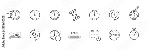 Time icons collection featuring clocks, hourglasses, and timers - black and white vector.