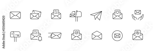Set of envelope and mail icons for communication and messaging, black line art - vector.