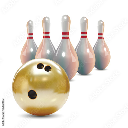 A detailed vector illustration showcasing a shiny gold bowling ball and pins.