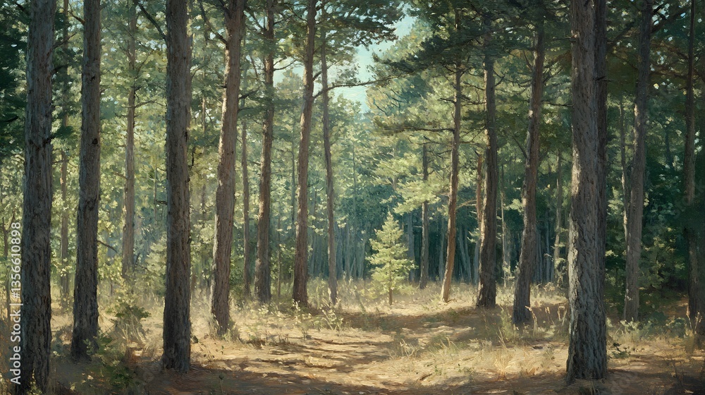 Obraz premium A dense forest of towering pines dappled in sunlight, exuding a sense of timeless tranquility.