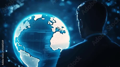 Businessman observing a futuristic globe with digital data in a high-tech environment