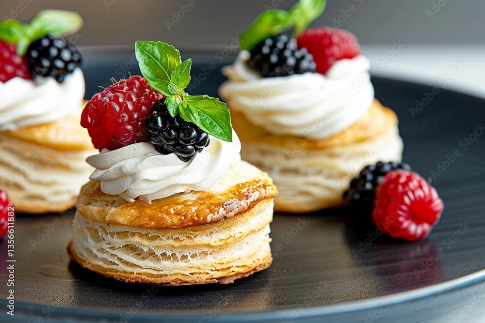 Delicious puff pastry desserts with whipped cream and berries on black plate