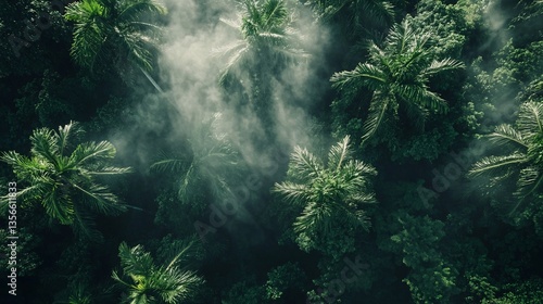Aerial Perspective of a Lush Tropical Rainforest with Enveloping Mist
