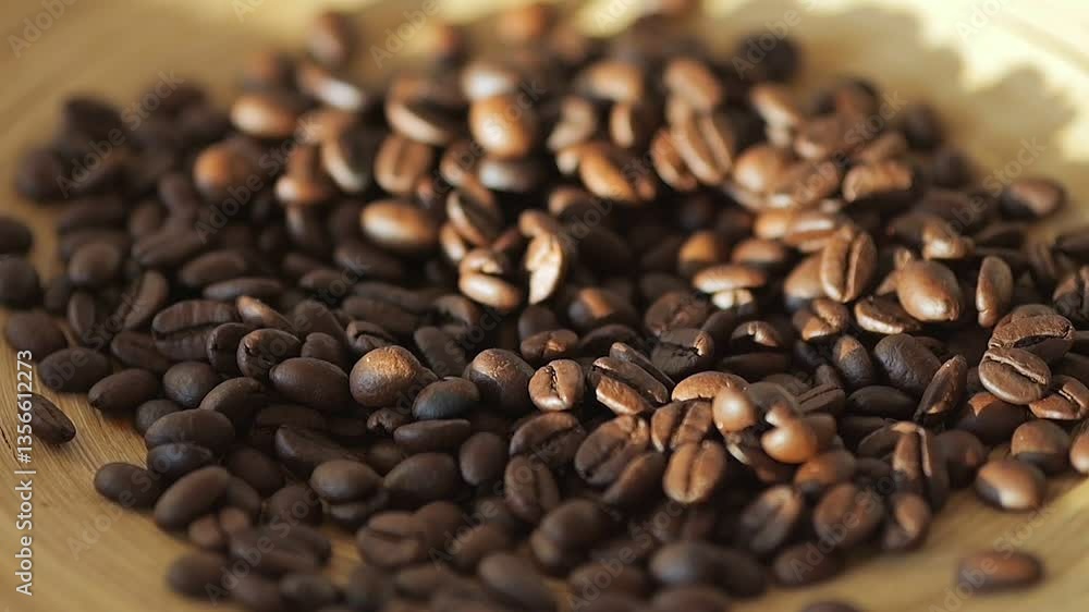 Pile of coffee beans on a wooden surface. The beans are spread out and some are piled up Pile of coffee beans on a wooden surface. The beans are spread out and some are piled up