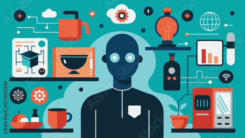 AI Generated vector artificial intelligence illustration showing humanoid robot head with surrounding icons including light bulb, graph, globe, book, flask, gear, chip ideal for tech, learning visuals
