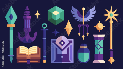 AI Generated vector magical item icon set featuring staff, star wand, potion, glowing book, wings with gem, hourglass, golden scale, orb, and mystical symbols on beige ideal for fantasy design themes