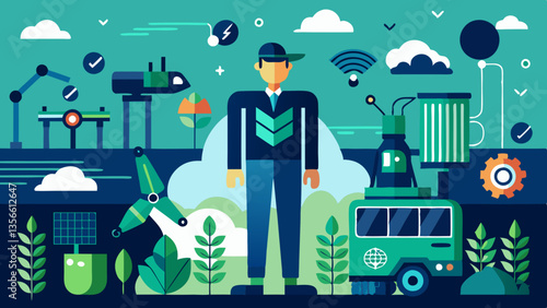 AI Generated vector illustration of eco-friendly agricultural technology central figure, robotic arms, drone, solar panels, wind turbine, recycling truck on beige BG ideal for green innovation theme