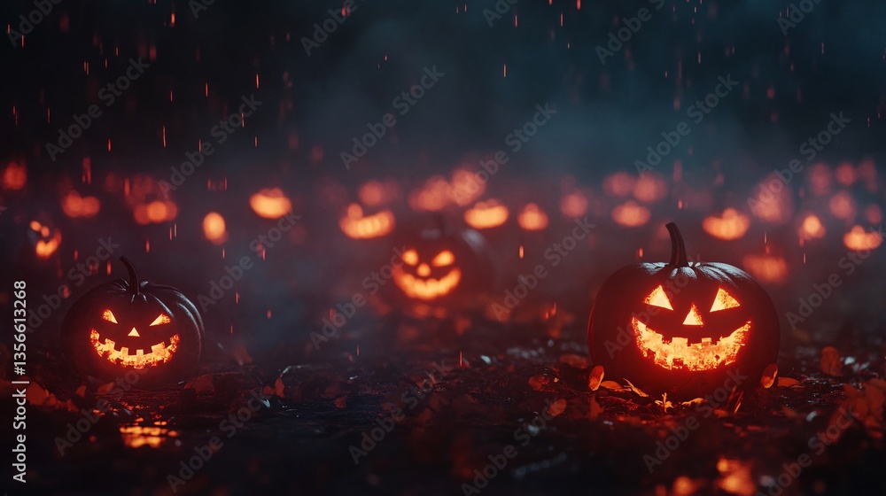 Fototapeta premium Enigmatic night view of spooky pumpkins glowing ominously in dark mist.