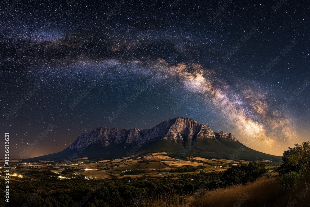Fototapeta premium A starry night sky over a mountain range, 