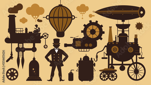 AI Generated vector steampunk icon set featuring man in top hat with steam-powered vehicles, gears, airship, submarine, and mechanical machines ideal for vintage sci-fi and fantasy design themes