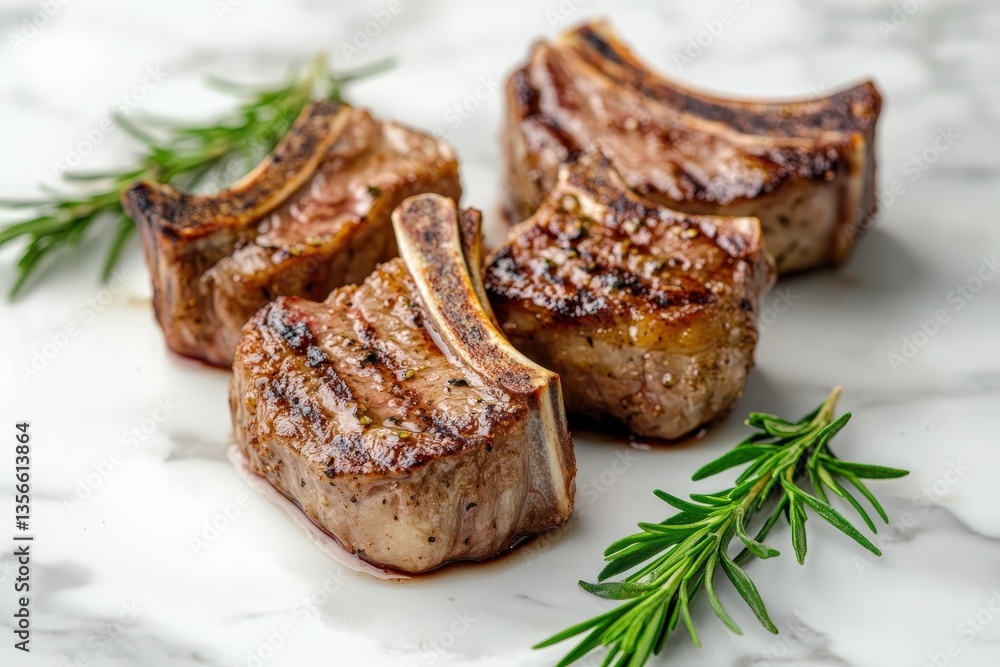 Grilled Chops Arranged with Sprigs of Fresh Green Rosemary Grilled Chops Arranged with Sprigs of Fresh Green Rosemary
