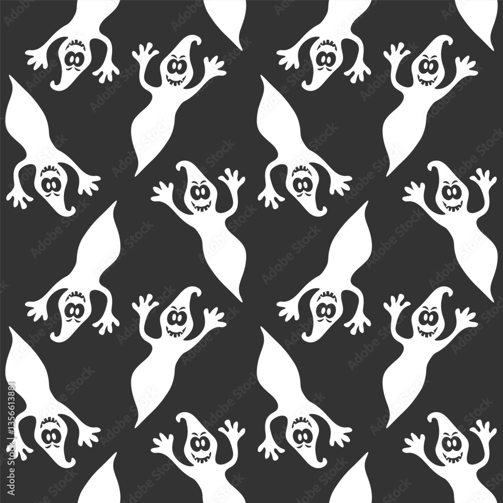 Seamless pattern featuring playful ghost figures on a black background, perfect for Halloween decorations and festive events Seamless pattern featuring playful ghost figures on a black background, perfect for Halloween decorations and festive events